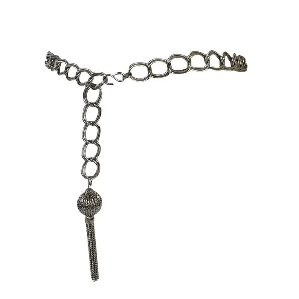 VTG Retro Silver Belt Metal Link Chain Belt Tassel Charm